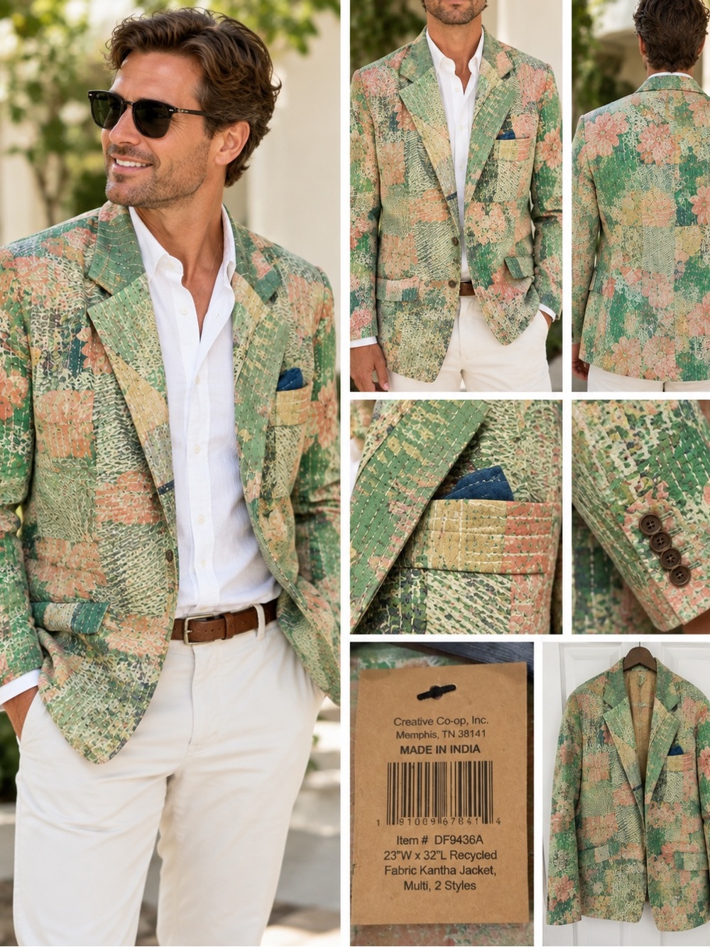 Creative Co-Op Recycled Fabric Kantha Jacket Green Floral One of a Kind